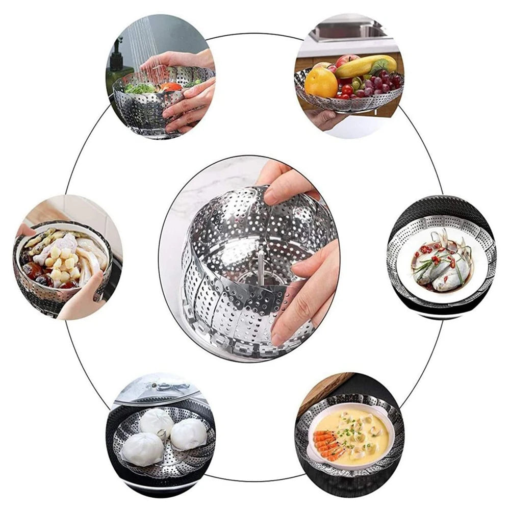 1PC Multifunction Folding Dish Steam Stainless Steel Food Basket Vegetable Vapor Cooker Steamer Tray Kitchen Accessories