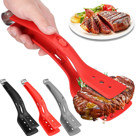 3Pcs Steak Clamp 12 Inch Silicone Kitchen Tongs Steak Spatula 2 in 1 Adjustable BBQ Spatula and Clamp Multipurpose Kitchen Tool