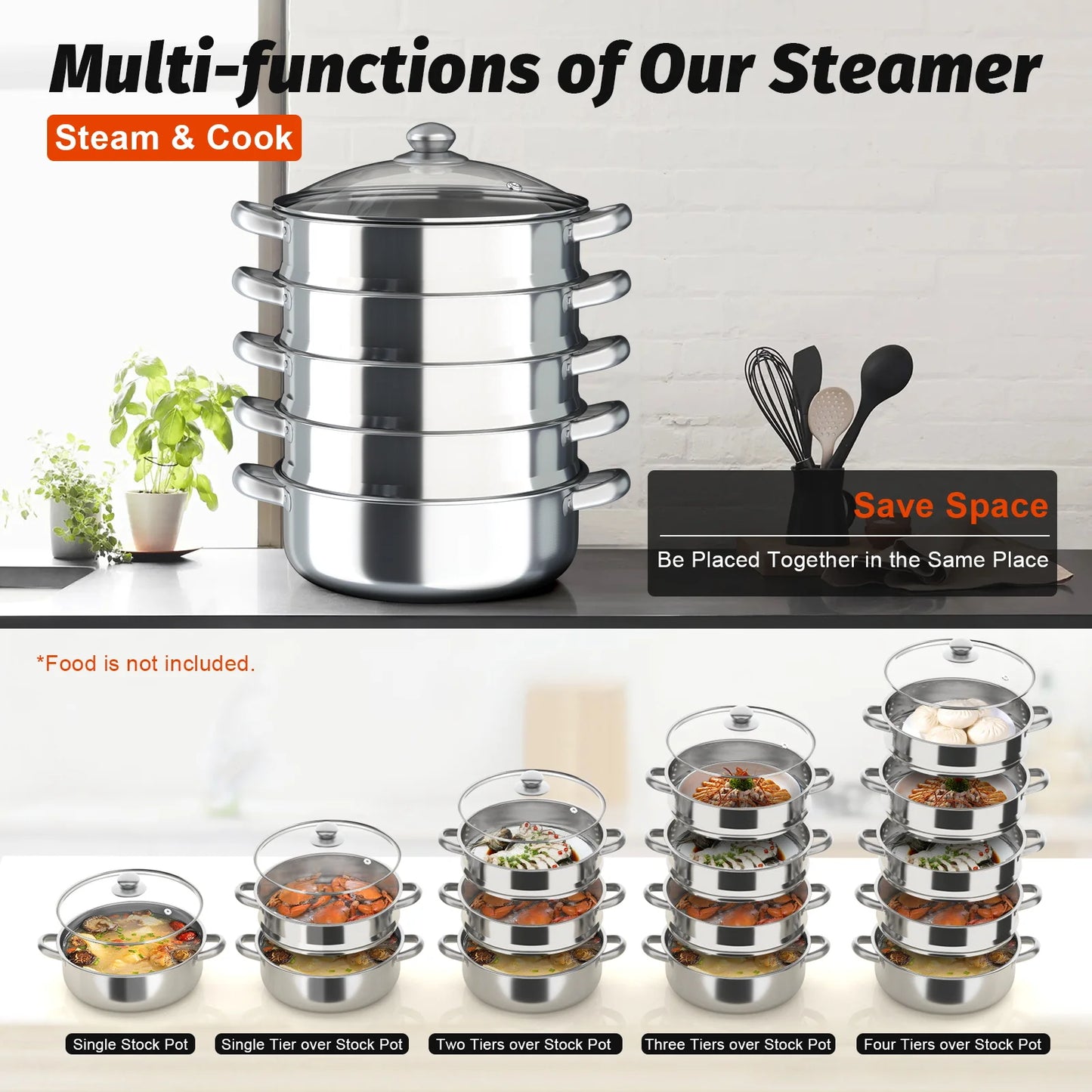 30cm 5 Tier Stainless Steel Large Steaming Cooker Steamer Stainless Steel Food Veg Pot Sets W/Glass Lid