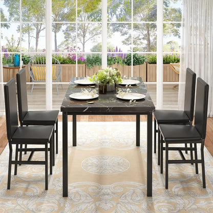 Dining Table Set for 4, 47in Kitchen Table and Chairs Set of 4, Faux Marble Dining Room Table Set with 4 PU Leather Chai