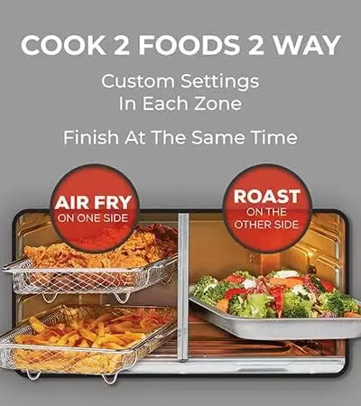 360 Air Fryer Oven Combo with French Door, 25 QT Extra Large Family Size Meals to Cook Two Foods in Two