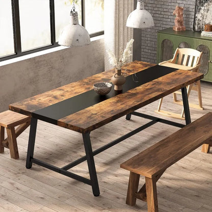 Dining Table for 8 People, 70.87-inch Rectangular Wood Kitchen Table with Strong Metal Frame, Industrial Large Long Dining Table