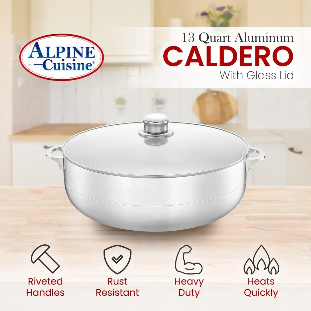 Alpine Cuisine 13-Quart Aluminum Caldero Stock Pot with Glass Lid,Cooking Dutch Oven Performance Even Heat Distribution,Perfect