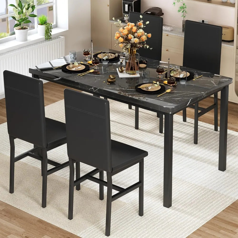 Dining Table Set for 4, 47in Kitchen Table and Chairs Set of 4, Faux Marble Dining Room Table Set with 4 PU Leather Chai