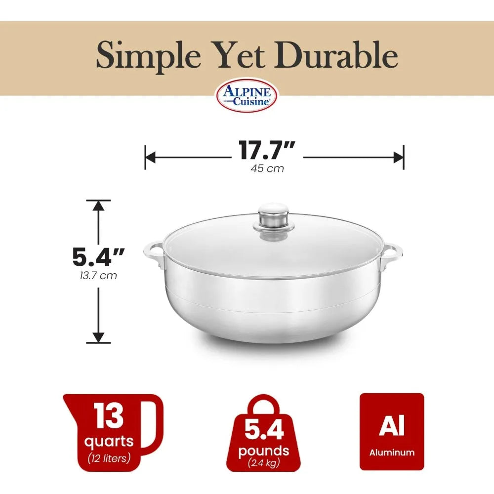 Alpine Cuisine 13-Quart Aluminum Caldero Stock Pot with Glass Lid,Cooking Dutch Oven Performance Even Heat Distribution,Perfect