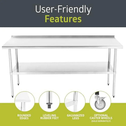 Stainless Steel NSF Certified Prep Work Table Restaurant Kitchen 72" x 30" Commercial Heavy-Duty User-Friendly Design 18-Gauge