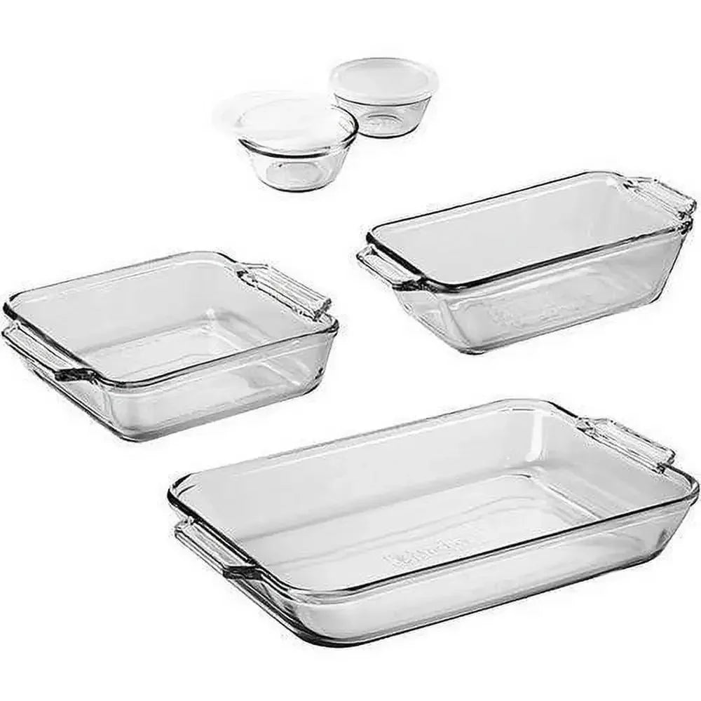 Glass Bakeware Set 7-Piece All-Inclusive Kitchen Essentials Rectangular Baking Pan Cake Pan Loaf Pan Custard Cups with Lids