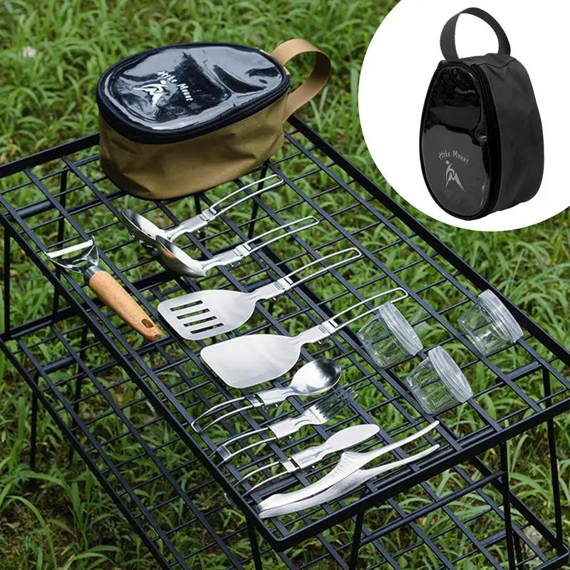 Camping Kitchen Set 11pcs Cooking Utensil Bowls & Forks BBQ Camping Kit Camping Accessories Outdoor Potable Cookware Kit For