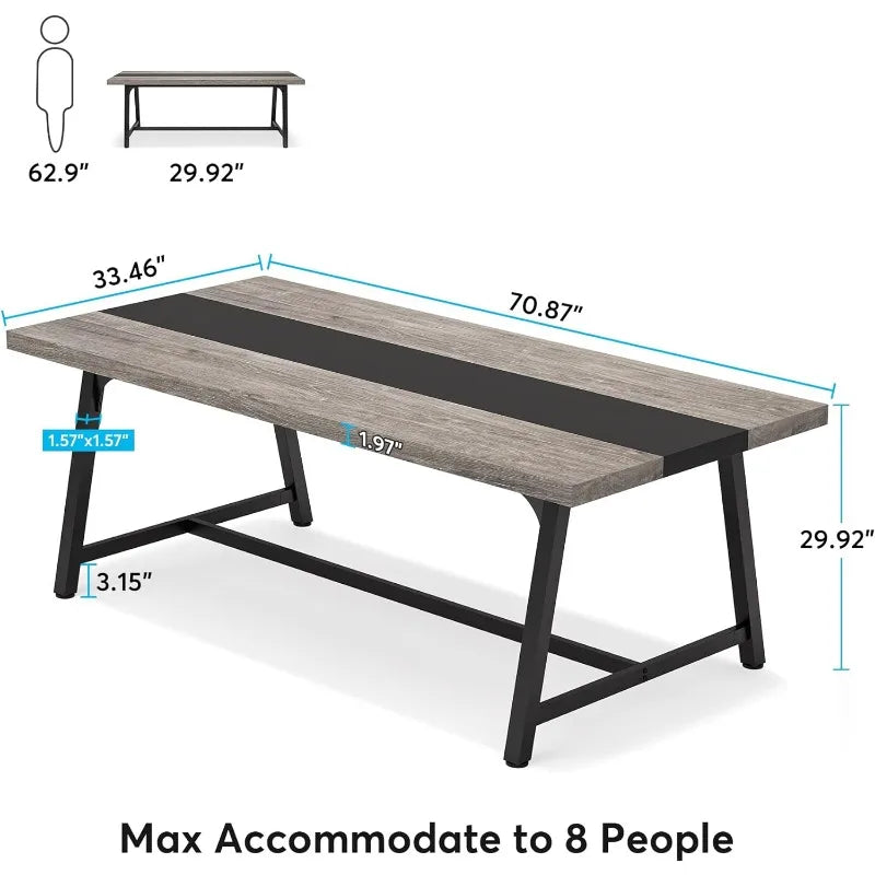 Dining Table for 8 People, 70.87-inch Rectangular Wood Kitchen Table with Strong Metal Frame, Industrial Large Long Dining Table