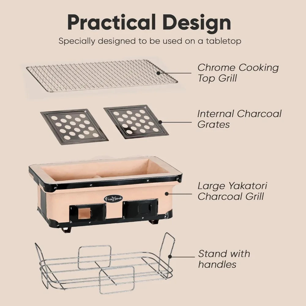 Fire Sense 60450 Yakatori Internal Grates Charcoal Chrome Cooking Grill Japanese Table BBQ Handmade Using Clay Adjustable Ventil