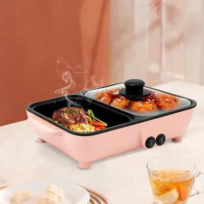 Pink 2 in 1 Electric Hot Pot Kitchen Smokeless Non-stick Baking Pan BBQ Grill