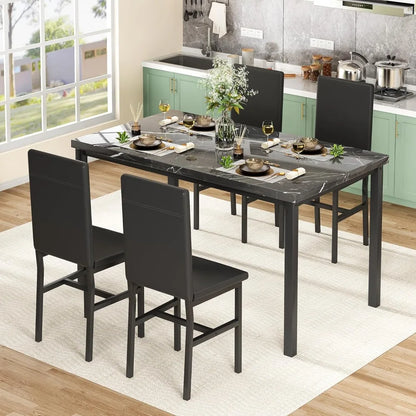 Dining Table Set for 4, 47in Kitchen Table and Chairs Set of 4, Faux Marble Dining Room Table Set with 4 PU Leather Chai