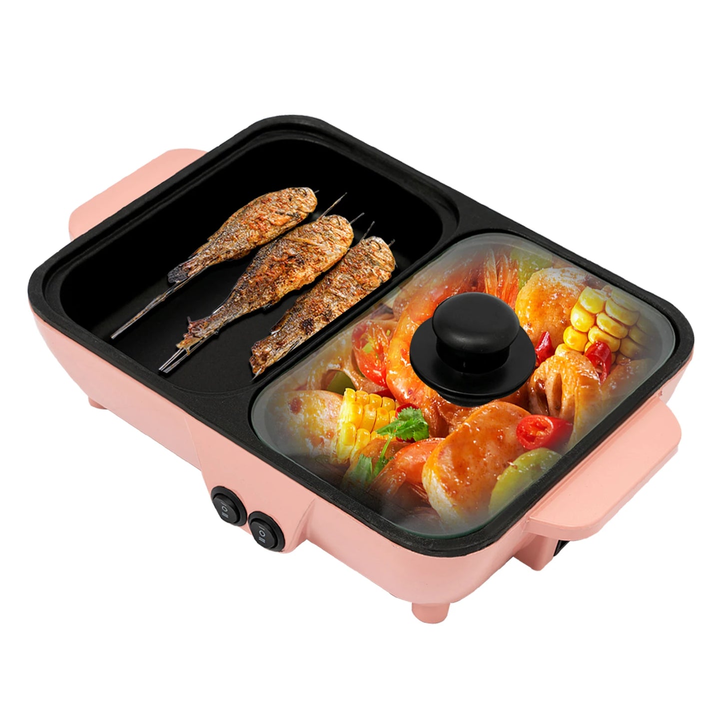 Pink 2 in 1 Electric Hot Pot Kitchen Smokeless Non-stick Baking Pan BBQ Grill