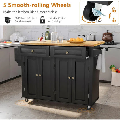 Kitchen Cart with Wood Top and Drop Leaf Breakfast Bar, Rolling Mobile Kitchen Island Table on Wheels,Towel Rack, Black