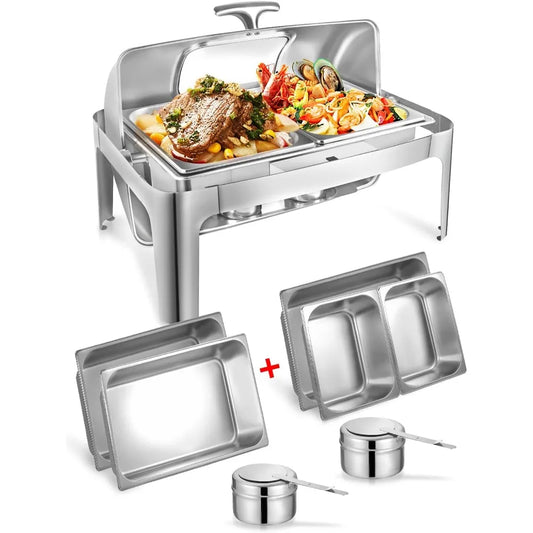 Rectangular Roll Top Chafing Dish Buffet Set, Catering Food Warmer for Parties, Wedding, Birthday, Christmas, 1 Full Size & 2 Ha