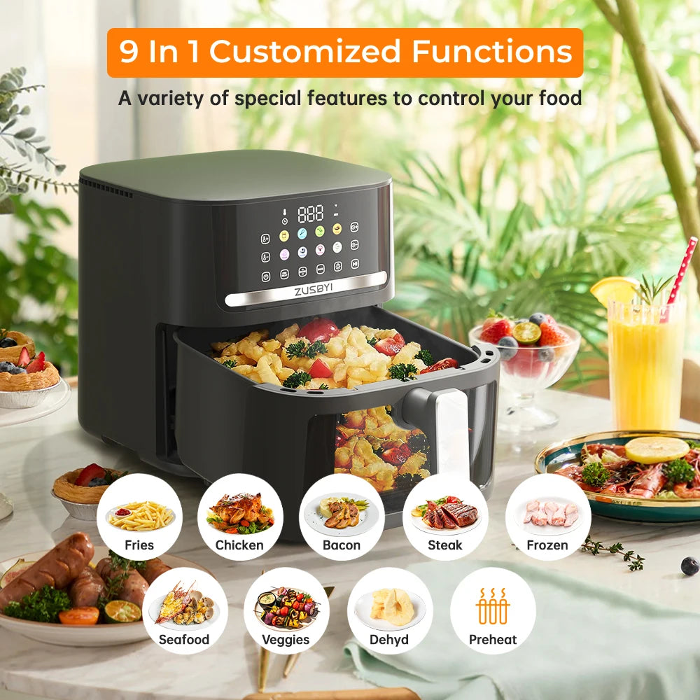 Air Fryer, ZUSBYI 6.5QT Air Fryer Oven With Visible Window, Digital Colorful Screen, 12 in 1 Customizable Functions, Up to 400°F