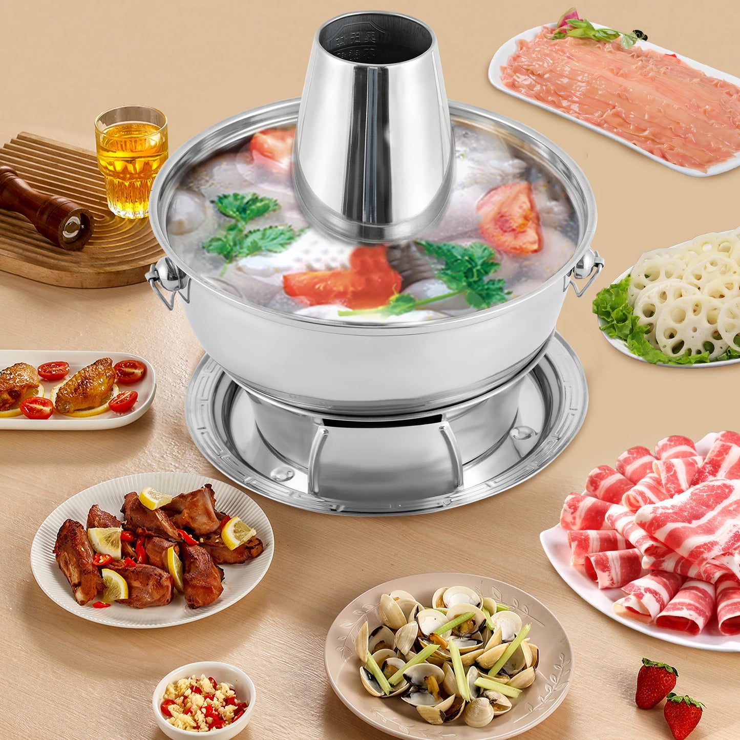 Stainless Steel Hotpot, Chinese Meat Hotpot, Lamb Outdoor Cooking Utensils, Picnic Pot 1.9-Qt