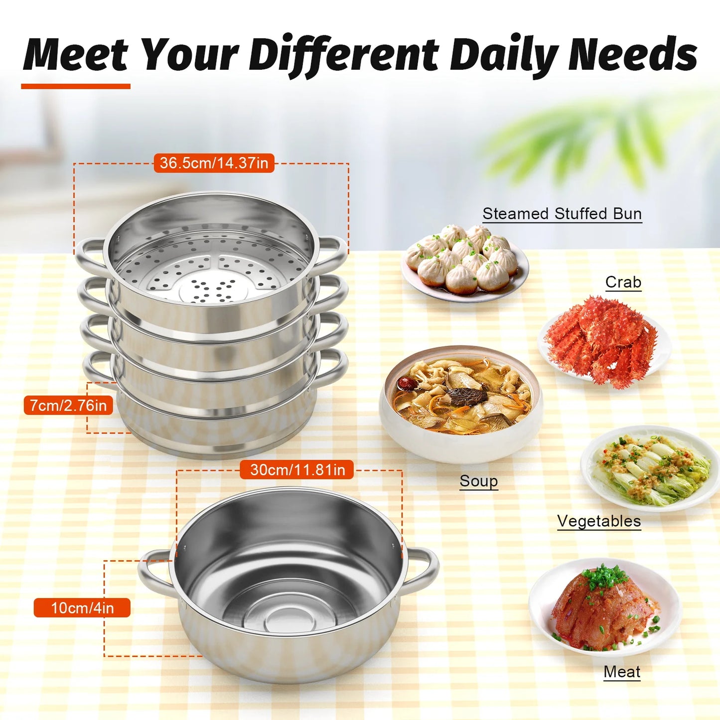 30cm 5 Tier Stainless Steel Large Steaming Cooker Steamer Stainless Steel Food Veg Pot Sets W/Glass Lid