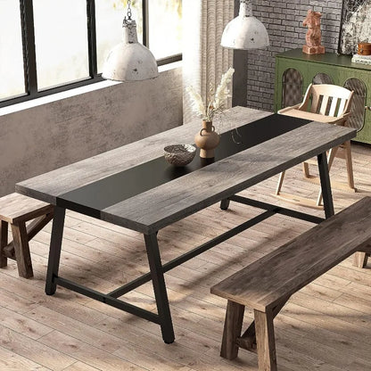 Dining Table for 8 People, 70.87-inch Rectangular Wood Kitchen Table with Strong Metal Frame, Industrial Large Long Dining Table