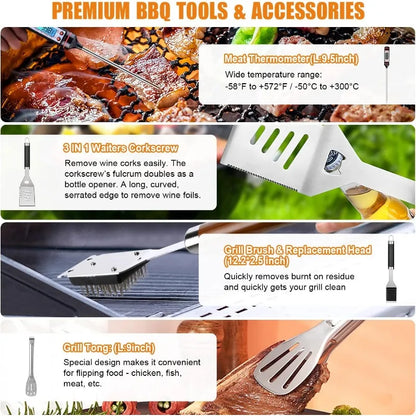 BBQ Grill Accessories Set, 38Pcs Stainless Steel Grill Tools Grilling Accessories with Aluminum Case, Thermometer