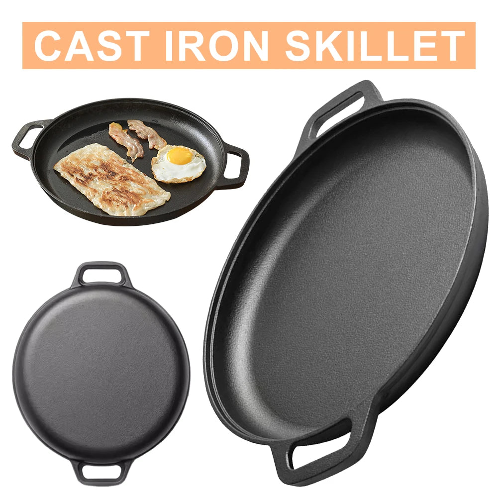 Cast Iron BBQ Camping Fry Pan with Dual Handles Non-Stick Steak Pork Chicken Cooking Pot Kitchen Cooking Pot Cookware Fry Pan