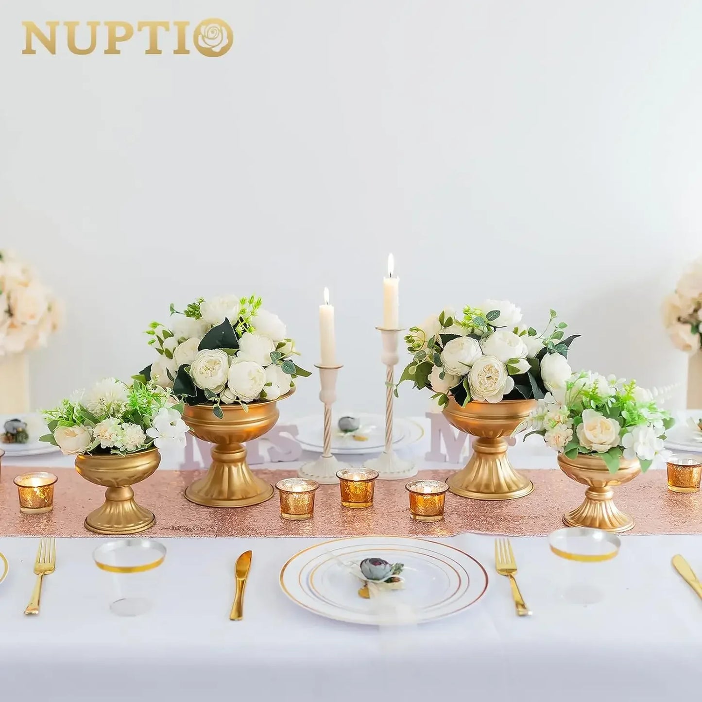 Nuptio Gold Vases for Centerpieces Wedding - 10 Pcs 6.5in Height Metal Urn Planter Elegant Wedding Centerpieces for