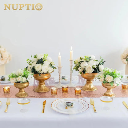 Nuptio Gold Vases for Centerpieces Wedding - 10 Pcs 6.5in Height Metal Urn Planter Elegant Wedding Centerpieces for