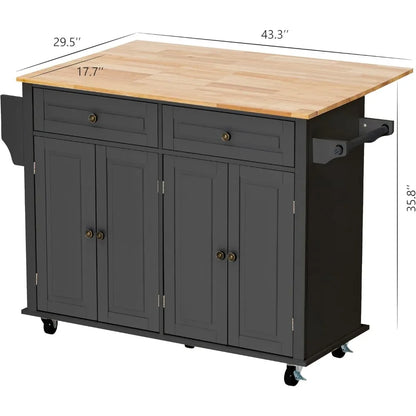 Kitchen Cart with Wood Top and Drop Leaf Breakfast Bar, Rolling Mobile Kitchen Island Table on Wheels,Towel Rack, Black