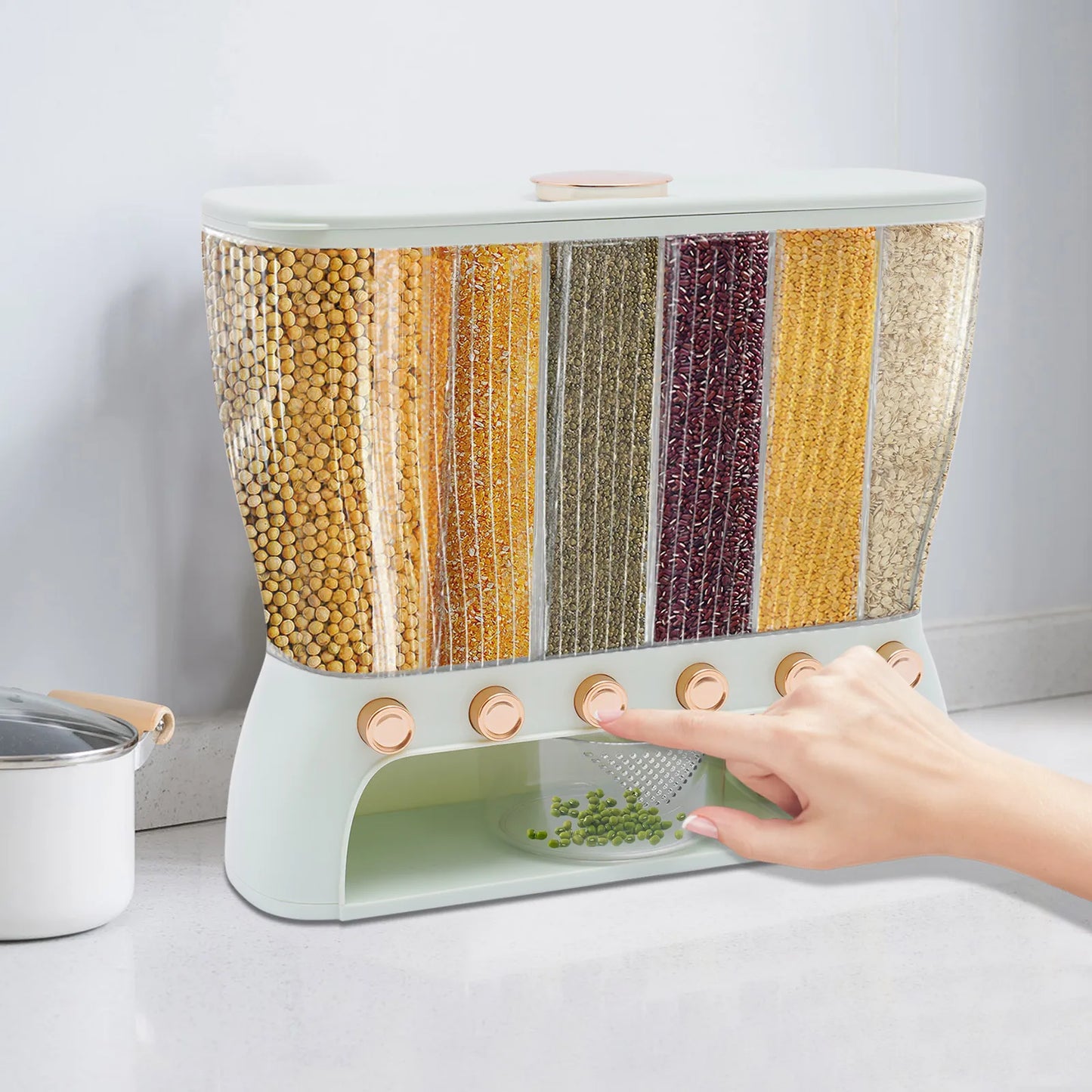 Multigrain Tank 6 Grid Rice Storage Dry Food Dispenser Grain Dispenser With Measuring Cup, Rice Dispenser Grains Container