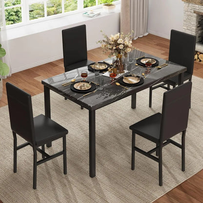 Dining Table Set for 4, 47in Kitchen Table and Chairs Set of 4, Faux Marble Dining Room Table Set with 4 PU Leather Chai