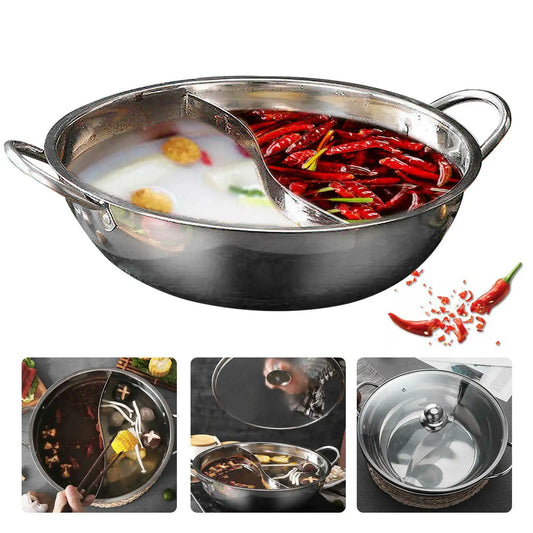 12" Stainless Steel Shabu Hot Pot Dual Site Divider Cooking Pot With Glass Lid S-Type Stockpot Home Kitchen