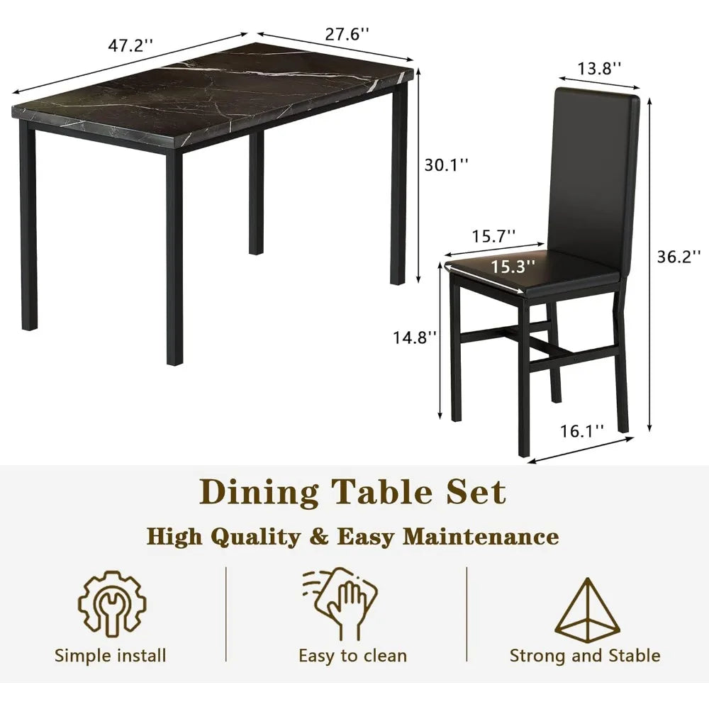 Dining Table Set for 4, 47in Kitchen Table and Chairs Set of 4, Faux Marble Dining Room Table Set with 4 PU Leather Chai