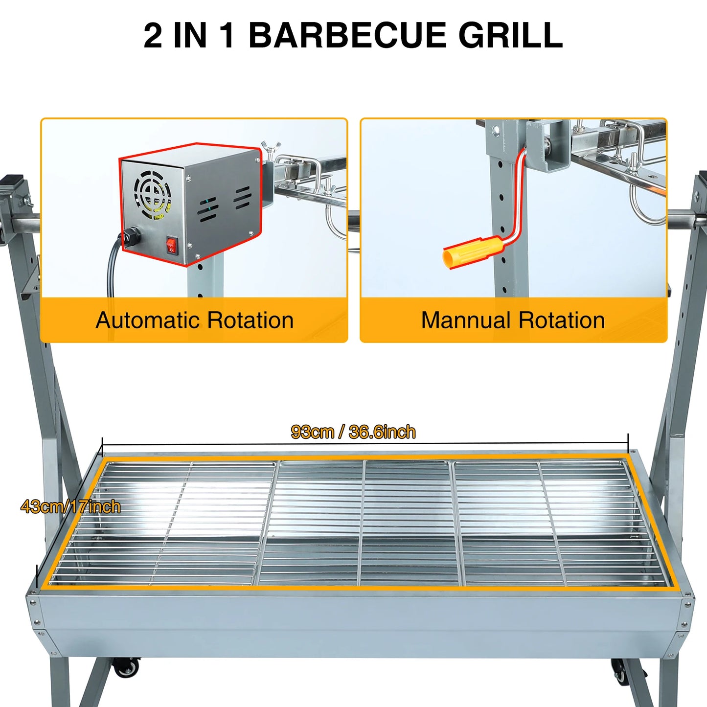 25W Motor Small Pig Lamb Rotisserie Roaster, 60kg BBQ Charcoal Rotisserie Roaster Grill for Camping Outdoor Kitchen