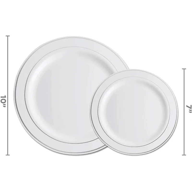 600 Piece Silver Dinnerware Set -100 Silver Rim 10 inch Plastic Plates 100  Rim 7 Inch Plates -300  Plastic