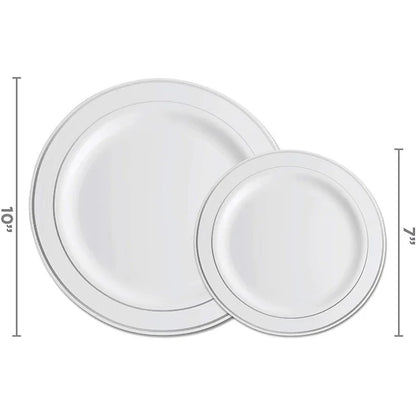 600 Piece Silver Dinnerware Set -100 Silver Rim 10 inch Plastic Plates 100  Rim 7 Inch Plates -300  Plastic