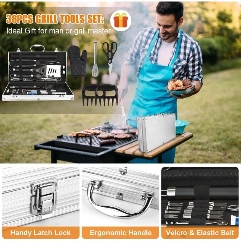 BBQ Grill Accessories Set, 38Pcs Stainless Steel Grill Tools Grilling Accessories with Aluminum Case, Thermometer