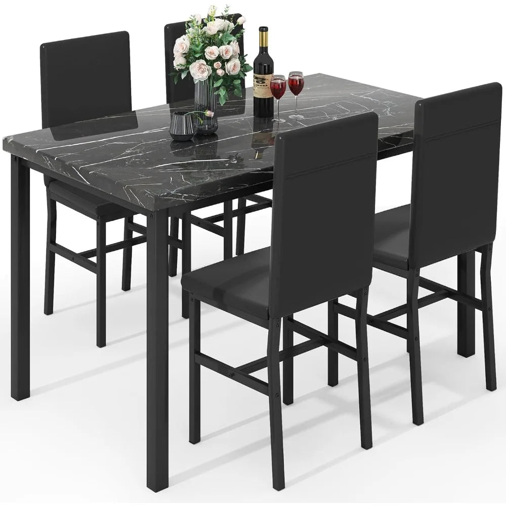 Dining Table Set for 4, 47in Kitchen Table and Chairs Set of 4, Faux Marble Dining Room Table Set with 4 PU Leather Chai