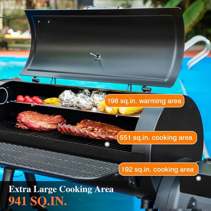 Heavy-Duty Charcoal Smoker Grills Extra Large Outdoor BBQ Gill with Offset Smoker, 941 SQ.IN. Cooking Area with Warming Tray