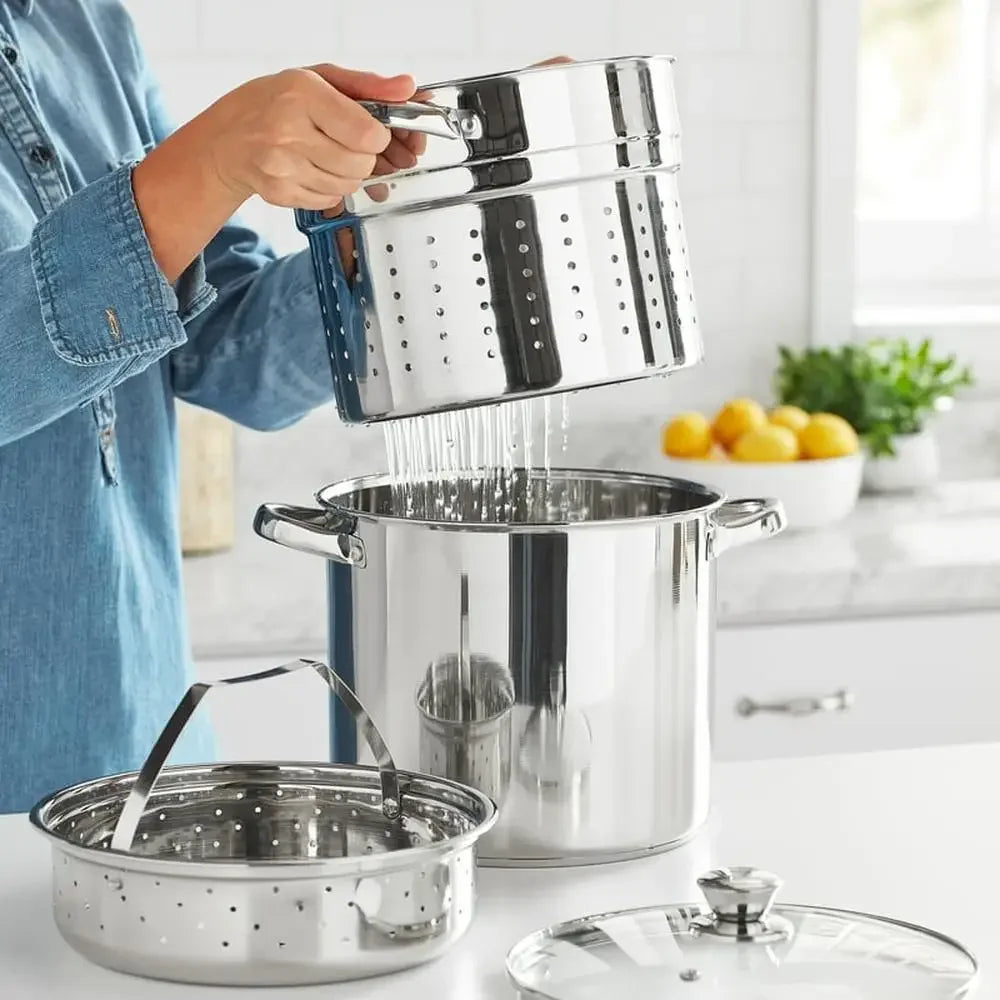 8-Qt Stainless Steel Multi-Cooker Set with Glass Lid Stock Pot Colander Steamer Basket Stylish Design Ideal Gatherings BBQs